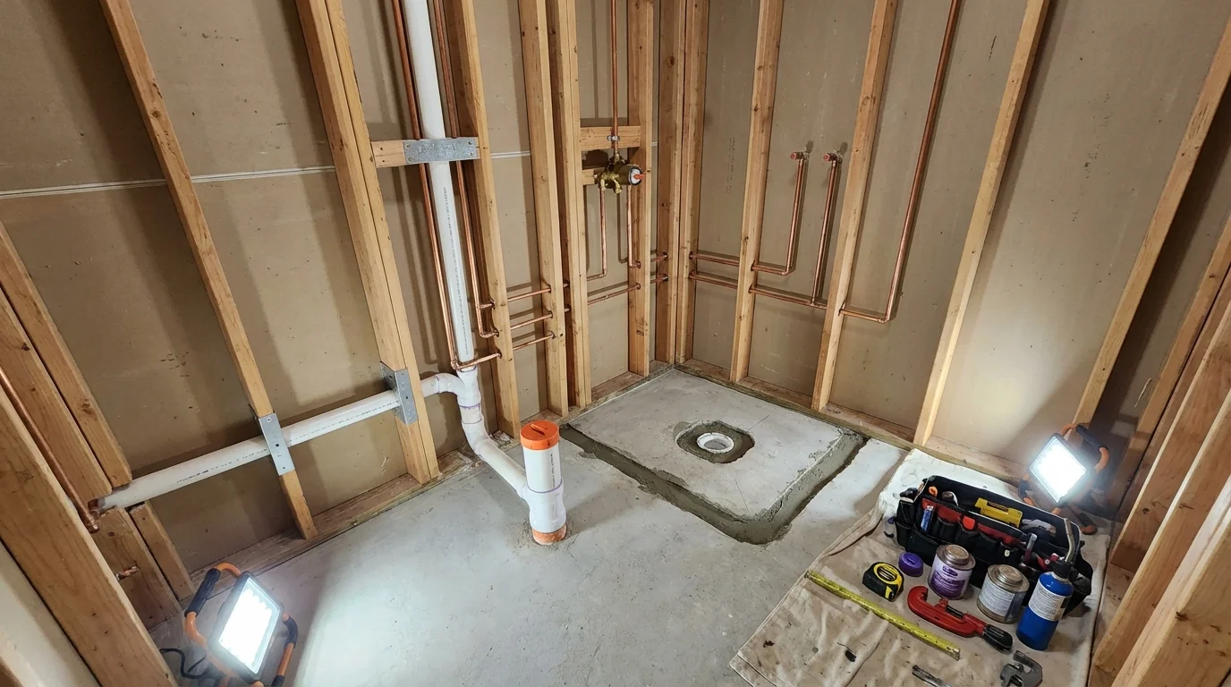 Bathroom rough-in plumbing during remodel by Johns Plumbing LLC in Saratoga Springs