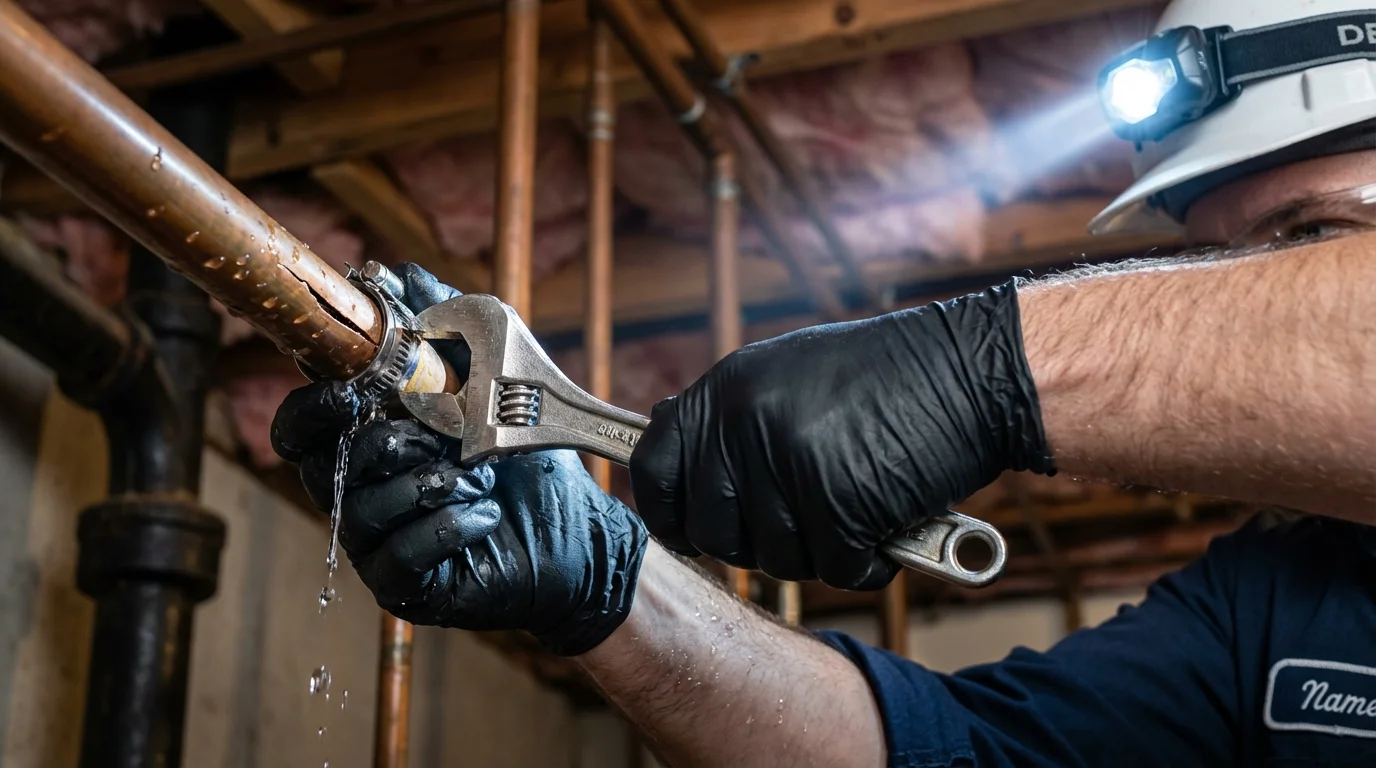 Emergency pipe clamp repair being performed by a Johns Plumbing LLC plumber in Saratoga Springs