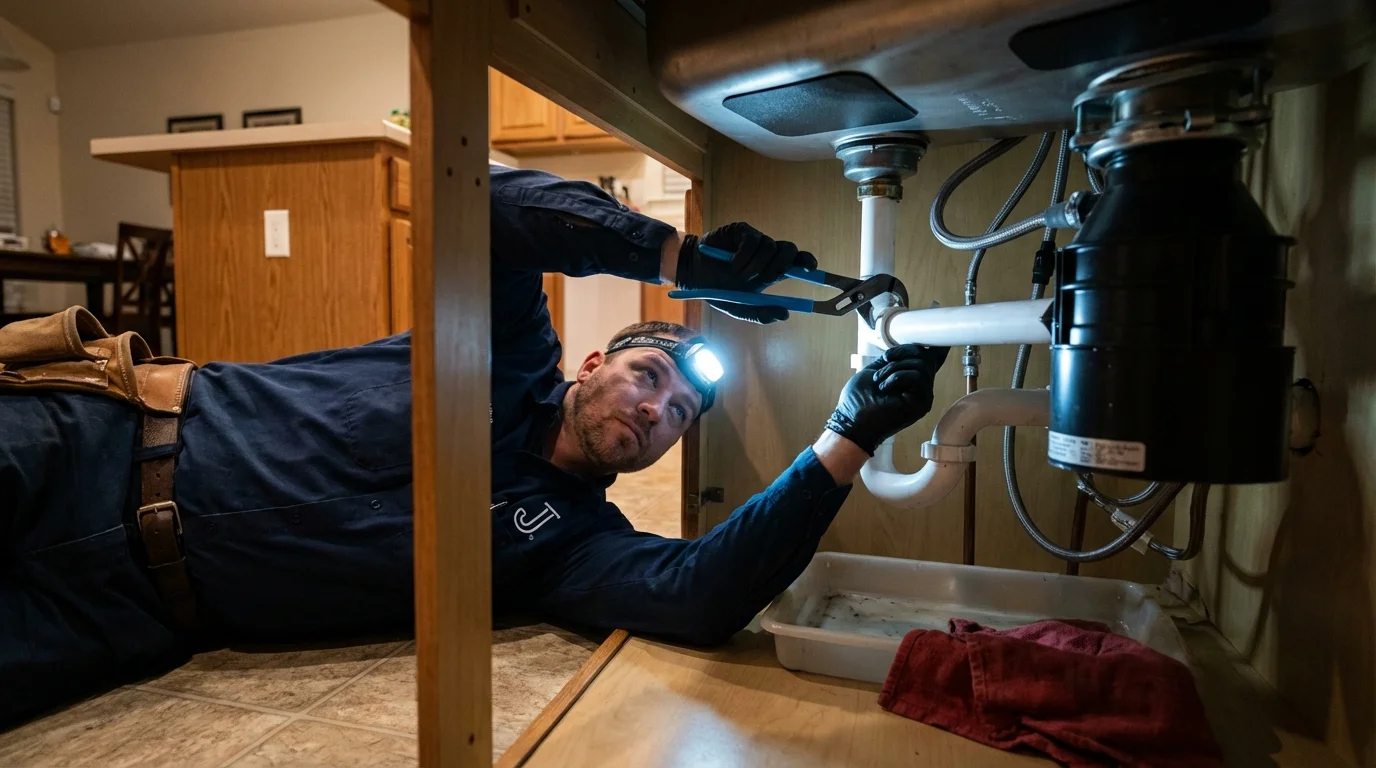 P-trap and supply line connections under a kitchen sink showing a common leak point in Saratoga Springs, UT